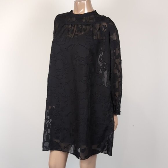 A.B.S Allen Schwartz Lace Shift Dress Long Sleeve Sheer Pleated Floral Cocktail - Picture 3 of 16